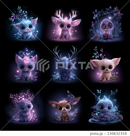 光る幻想的な森の小動物たちのファンタジーイラスト素材3 光る幻想的な森の小動物たちのファンタジーイラスト素材3 130632358
