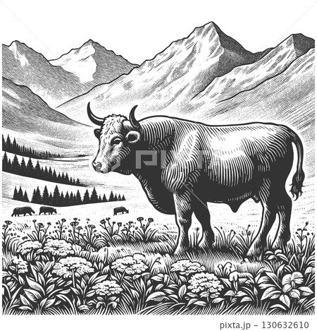 Argentine bull with mountains engraving vector 130632610