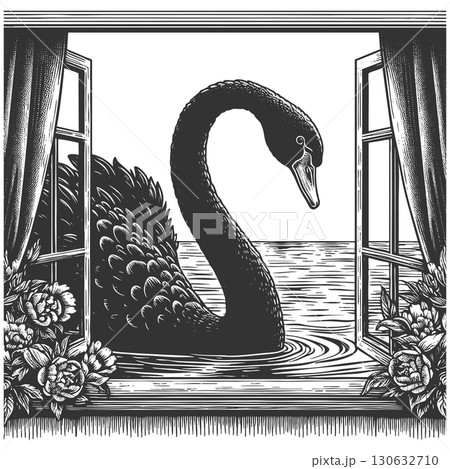 Black Swan in Window as Unforeseen Disruption 130632710