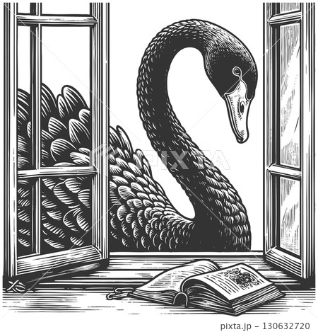 Black Swan in Window as Unforeseen Disruption 130632720