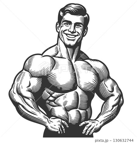 Smiling muscular man with crossed arms engraving Smiling muscular man with crossed arms engraving 130632744