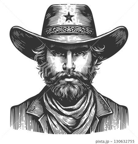 Bearded Cowboy in Hat engraving vector Bearded Cowboy in Hat engraving vector 130632755