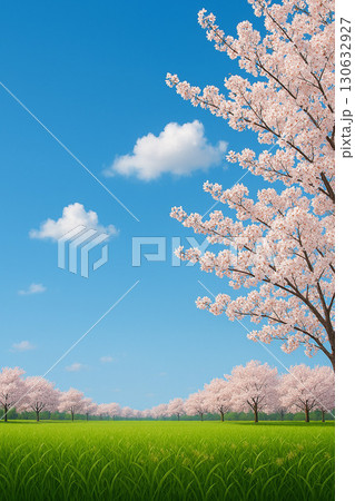 満開の桜と青空が広がる春の草原風景 130632927