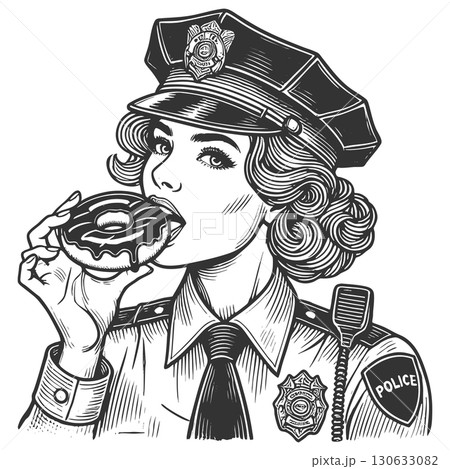 Female Police Officer Eating Donut engraving Female Police Officer Eating Donut engraving 130633082