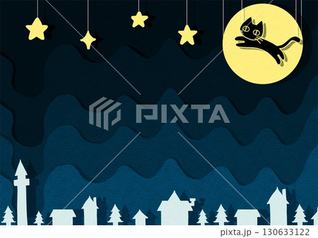 黒猫が夜空を駆けるハロウィンの画用紙風背景 130633122