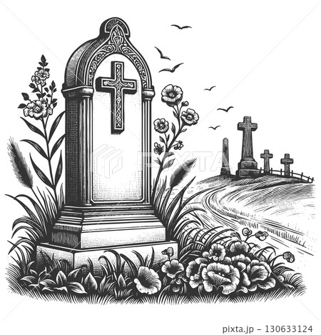 tombstone with floral details engraving vector 130633124
