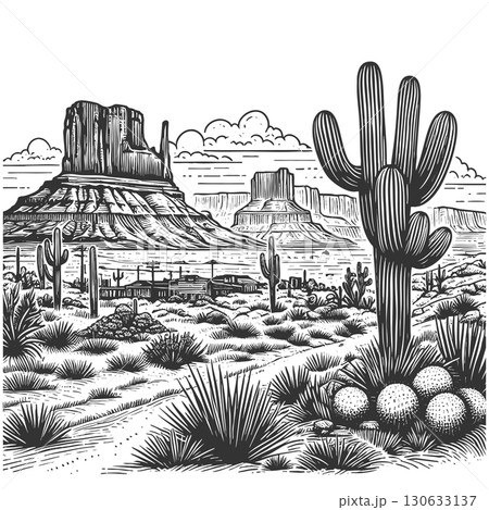 Butte Mountain Plateau Landscape engraving vector 130633137