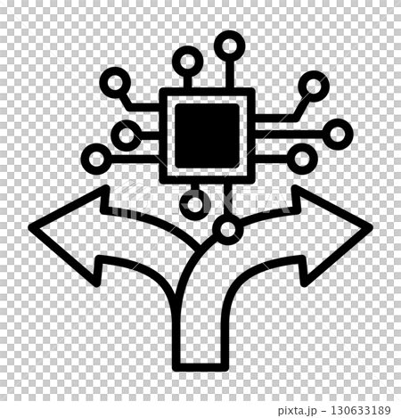 AIが意思決定するイメージアイコン。分岐した矢印と半導体があります。 130633189