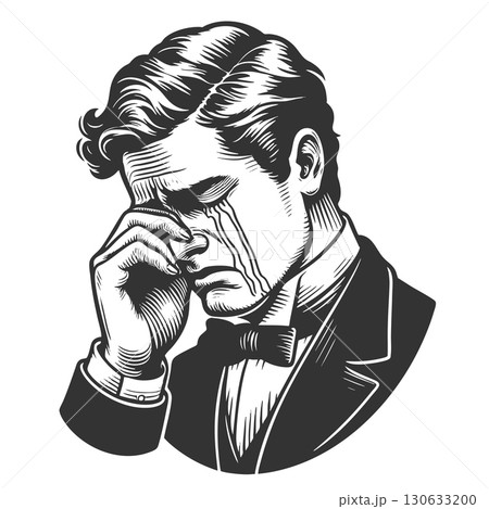 Crying Man Dramatic Expression engraving vector Crying Man Dramatic Expression engraving vector 130633200