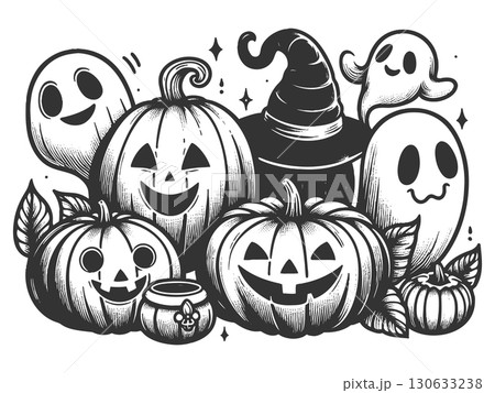 Cute Halloween Pumpkins and Friendly Ghosts raster 130633238
