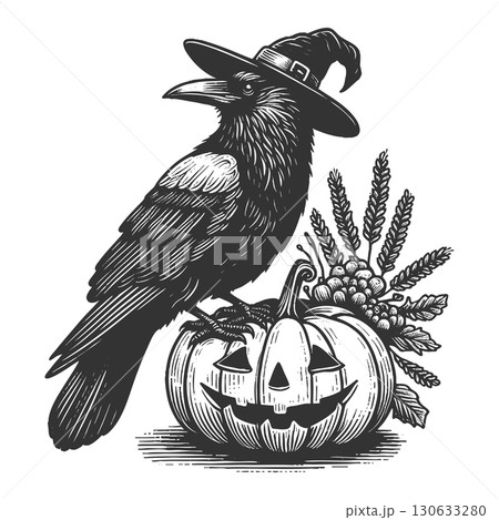 raven with jack-o-lantern pumpkin vector 130633280