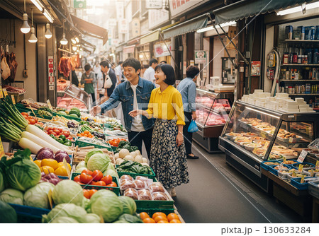 昭和ノスタルジー：懐かしい昭和の活気あふれる街の商店街の風景 130633284