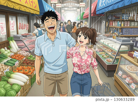 昭和ノスタルジー：懐かしい昭和の活気あふれる街の商店街の風景 130633289