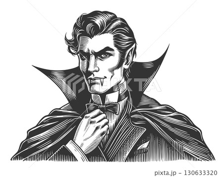 vampire with fangs and cape engraving vector 130633320