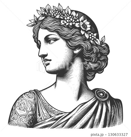 Classical goddess engraving with floral crown 130633327