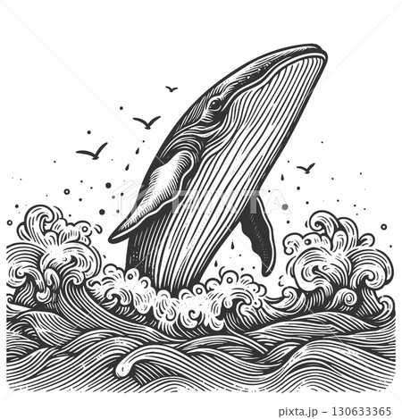 whale breaching illustration with ocean waves 130633365