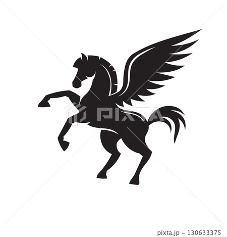 Silhouette illustration of Pegasus, a majestic winged horse, standing proudly with raised leg and detailed wings Silhouette illustration of Pegasus, a majestic winged horse, standing proudly with raised leg and detailed wings 130633375
