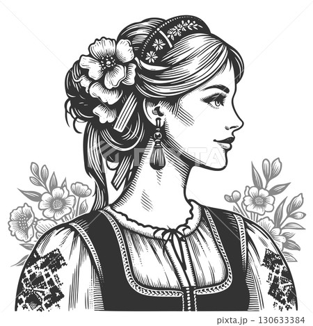 Traditional Ukrainian Woman with Floral Headdress 130633384