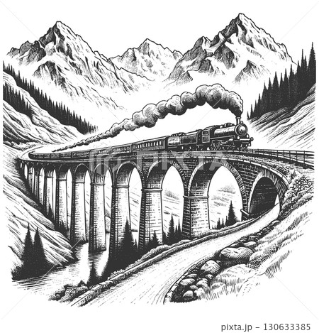 Mountain Railway Viaduct engraving vector 130633385