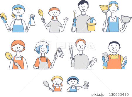 掃除道具を持つ人々のセット 130633450