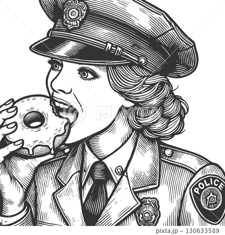 Female Police Officer Eating Donut engraving Female Police Officer Eating Donut engraving 130633589