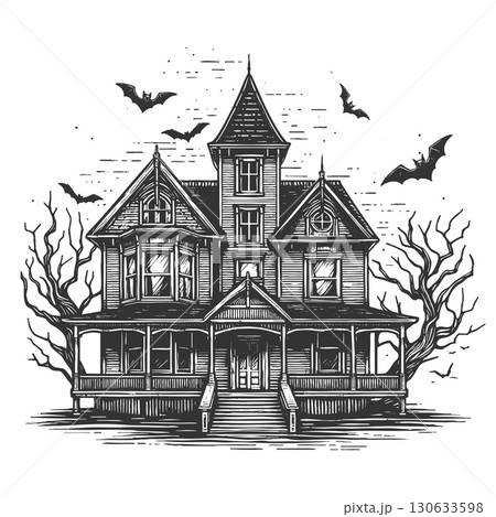 spooky haunted house with bats sketch vector 130633598