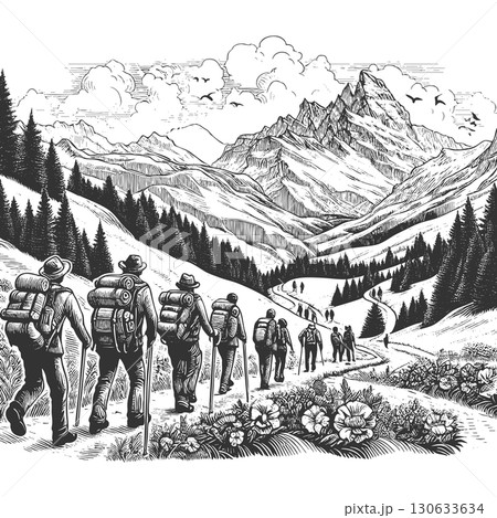 Mountaineers Hiking Through Alpine Valley vector 130633634