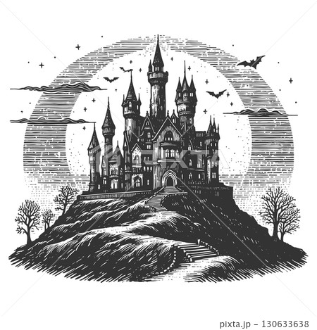 gothic castle on hill at night raster illustration gothic castle on hill at night raster illustration 130633638