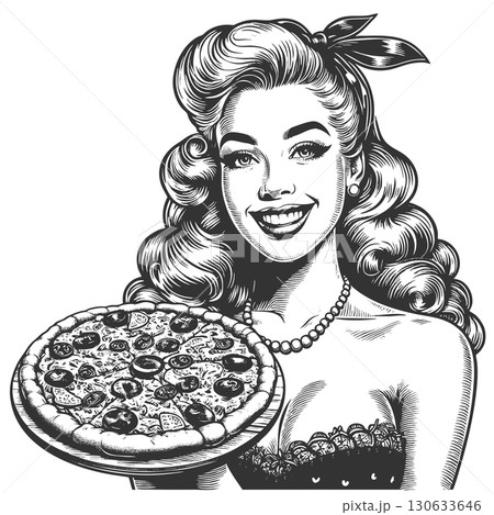 Waitresses Serving pizza sketch illustration 130633646