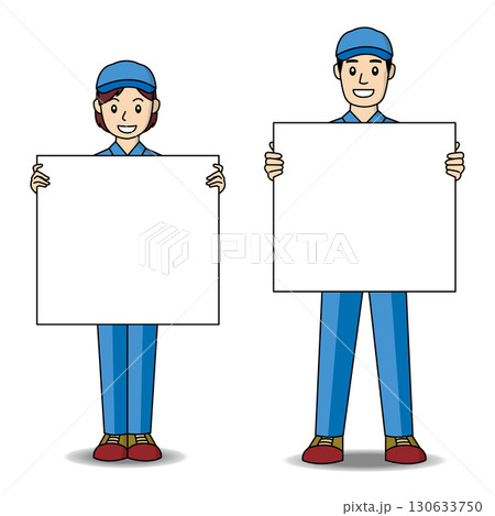 メッセージボードを持つ作業着の男女 130633750