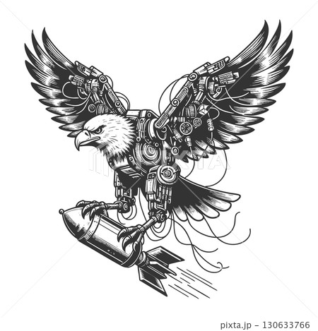 Cybernetic Eagle Holding Missile engraving vector 130633766
