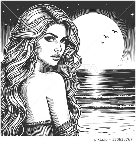 Woman by the Ocean at Night engraving vector 130633767