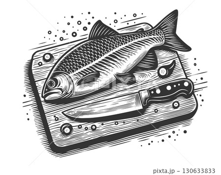 fish on cutting board with knife engraving vector 130633833