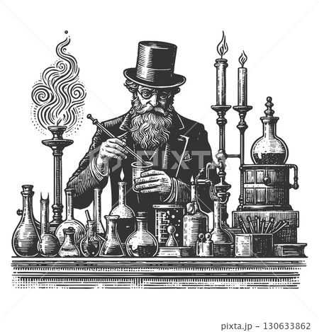 alchemist in laboratory flasks and scales raster 130633862