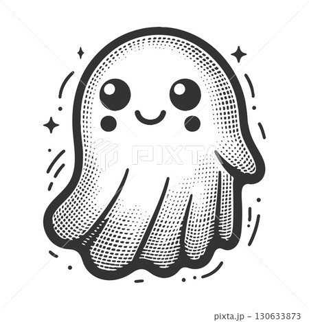 Cute happy ghost character engraving sketch raster 130633873