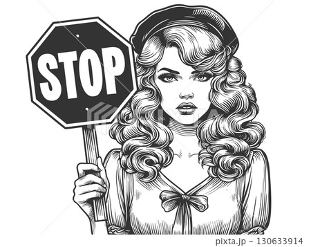 Woman Holding Stop Sign engraving vector 130633914