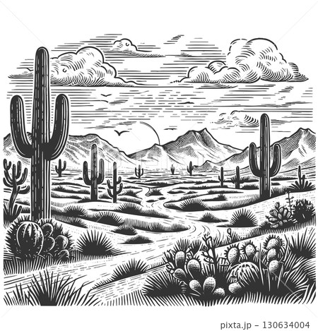 Butte Mountain Plateau Landscape engraving vector 130634004