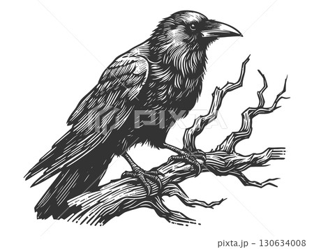 raven perched on branch raster illustration 130634008