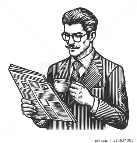 Businessman Reading Newspaper with Coffee raster 130634009