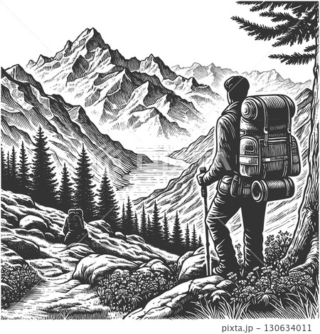 Hiker Overlooking Mountain Valley engraving vector 130634011