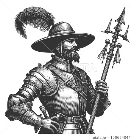 soldier in armor with halberd engraving vector 130634044