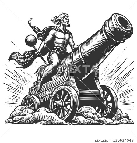 Epic Warrior Riding a Giant Cannon illustration 130634045