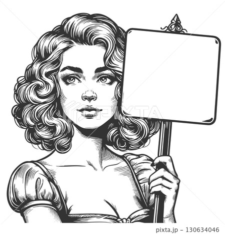 Woman Holding Blank Sign engraving vector 130634046