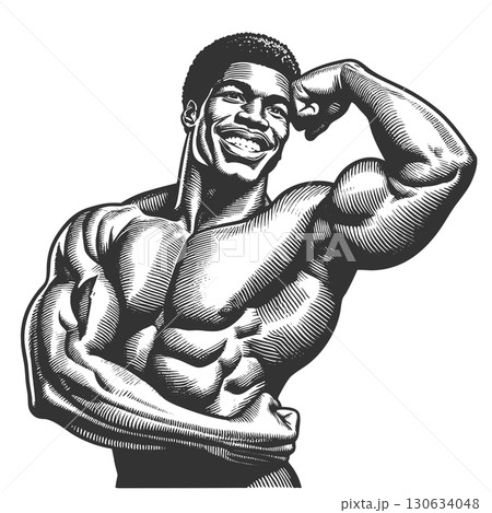 Muscular man flexing biceps engraving vector Muscular man flexing biceps engraving vector 130634048