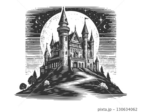 gothic castle on hill at night vector illustration 130634062