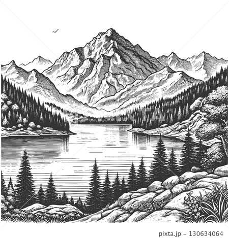 Scenic Alpine Lake with Mountain Village vector 130634064