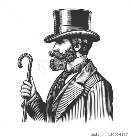 gentleman portrait with top hat and cane vectorのイラスト素材 [130634187] - PIXTA