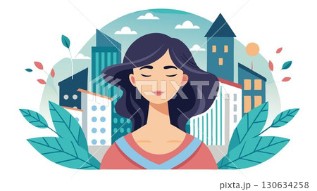 Her serene expression suggests a moment of quiet contemplation amidst the urban chaos. 130634258