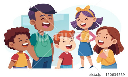 Children's laughter mingles with the adults' cheerful conversation, creating a lively scene. 130634289