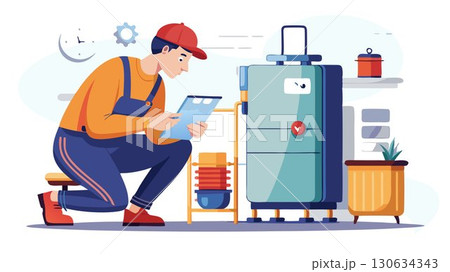 A skilled heating engineer meticulously examines a household gas boiler, assessing the problem. 130634343